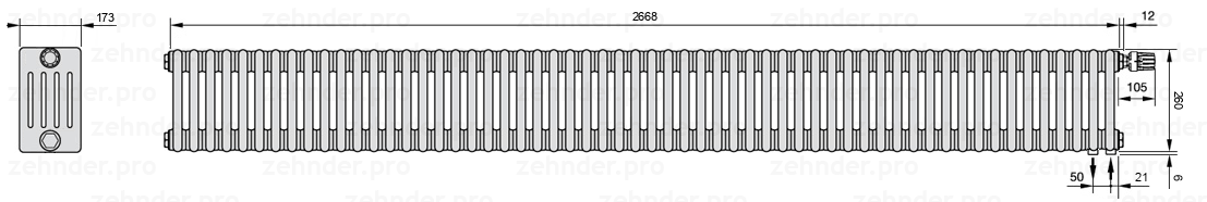 Схема (чертеж) Радиатор Zehnder Charleston 5026/58 №V002 Белый глянцевый RAL 9016